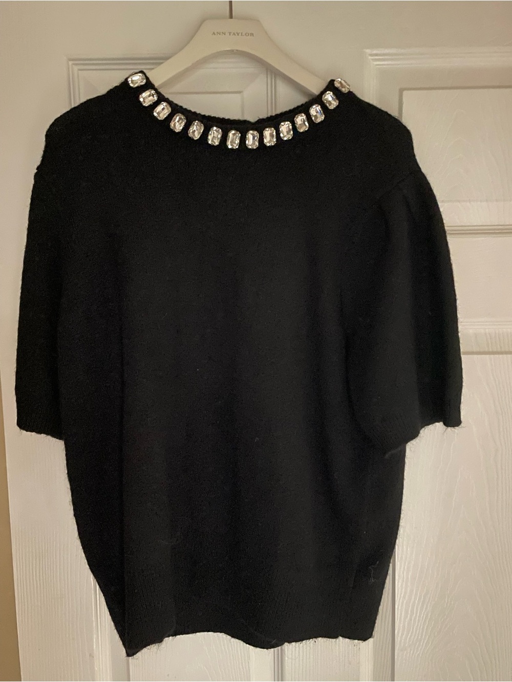 Ann Taylor Black Short-Sleeve Sweater with Jeweled Neckline